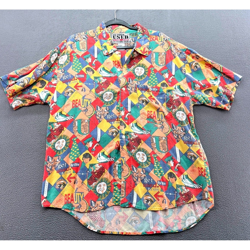 Vintage Get Used By Elie Shirt Mens M Rayon 90s Novelty Print Harlequin Sun